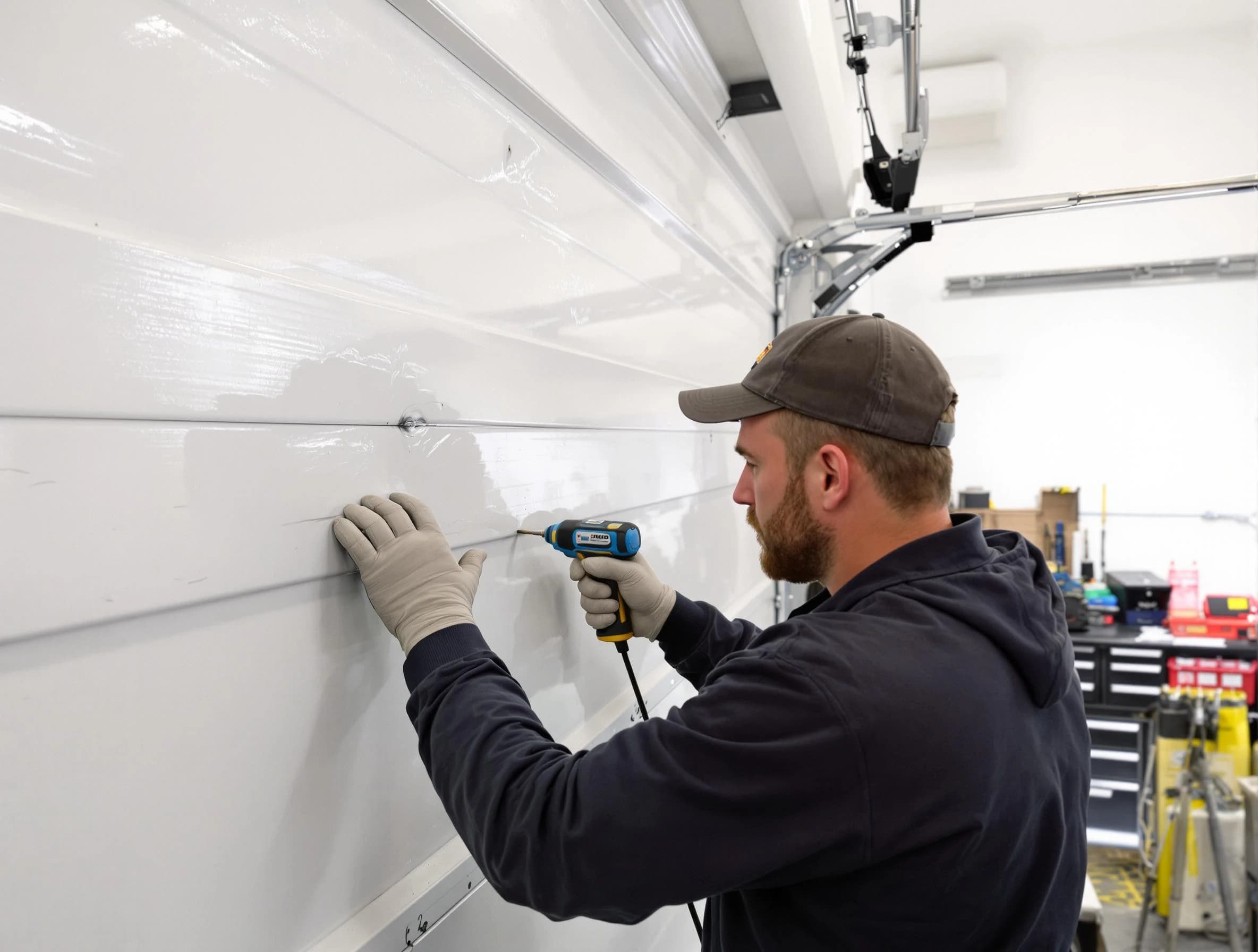 Murrysville Garage Door Repair technician demonstrating precision dent removal techniques on a Murrysville garage door